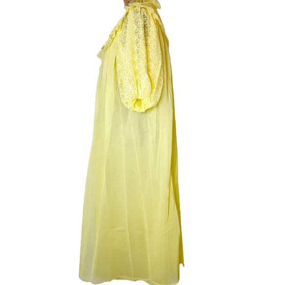 Vintage 60 70s Matching Peignoir Lace sheer Chiffon Set Size Large Medium Yellow - Picture 3 of 16